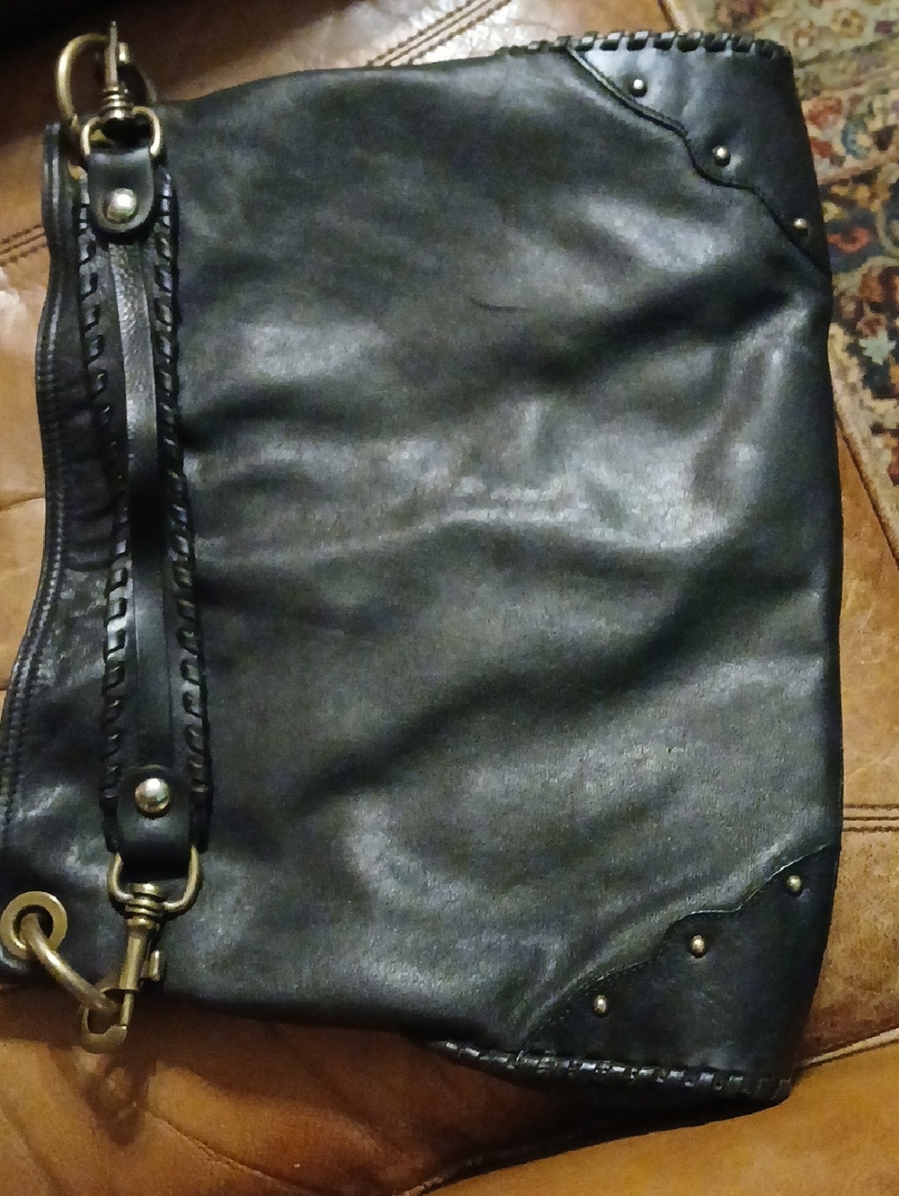 Gianni‎ Chiarini,Soft Black Leather Hobo with Brass Ring Details. Med. Sz.
